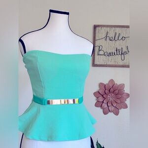 Blush Sleeveless Strapless Mint green peplum top with gold belt M